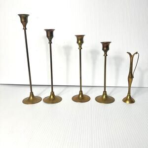 Mid-Century Modern Brass Tulip Graduated Candlestick Holders - Set of 4 Bud Vase